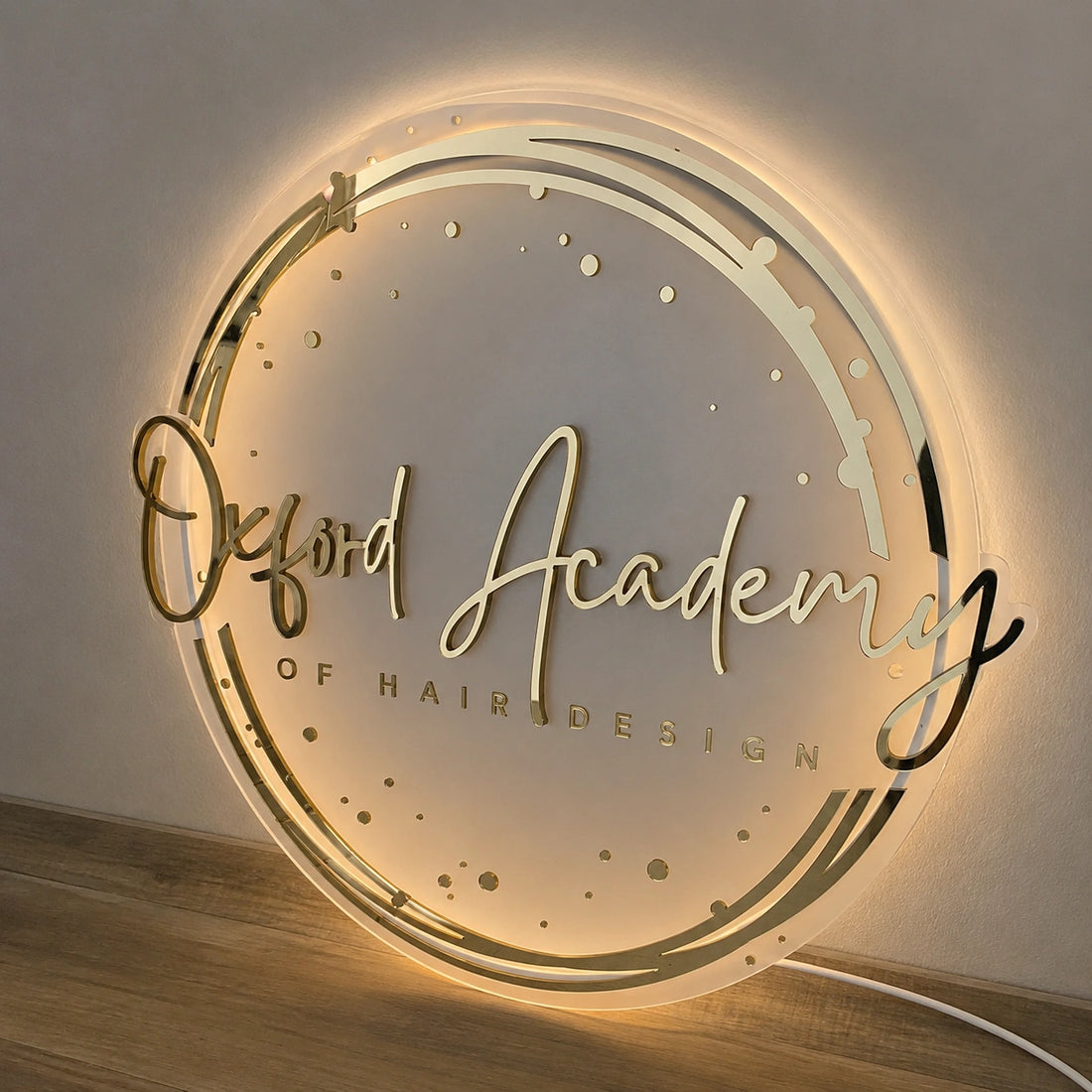 Oxford Academy of Hair Design LED Halo Sign | Luxury Round Reception Logo Wall Sign
