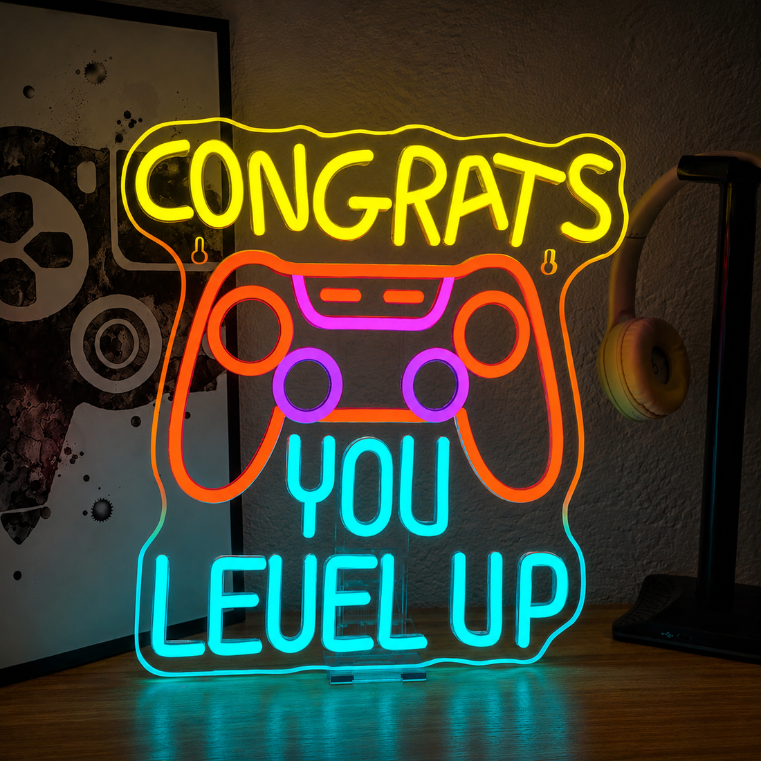 Congrats You Level Up LED Neon Sign – Gaming Achievement Wall Decor Light