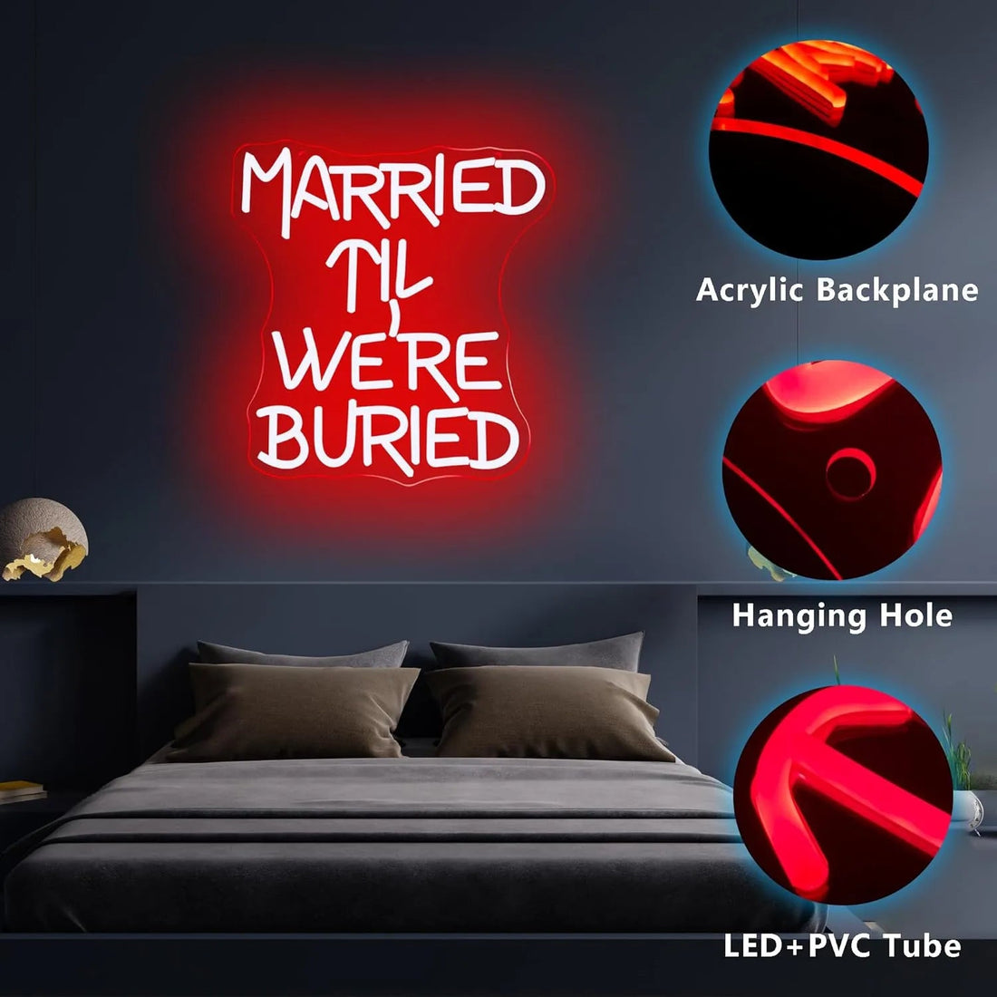 Married ‘Til We’re Buried Neon Sign – Romantic LED Wall Art for Couples & Weddings - Neon Brothers