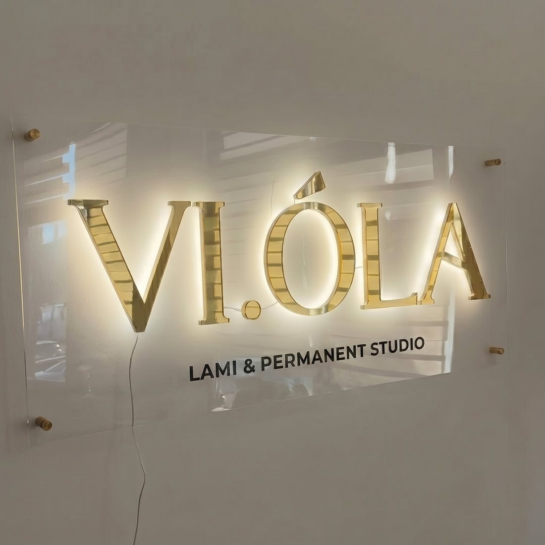 Acrylic Backlit Business Sign | Gold 3D Logo | Salon Wall Branding