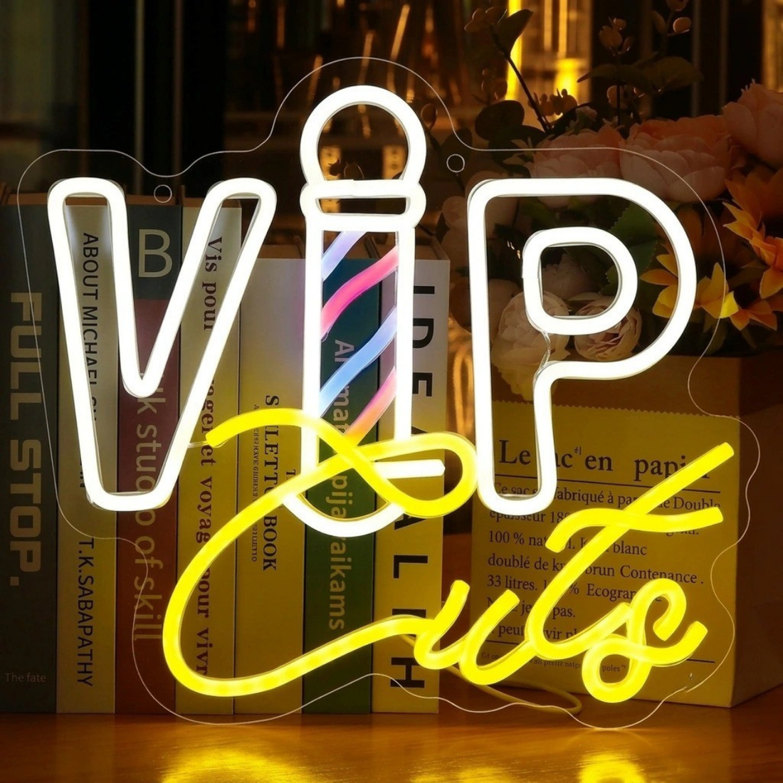 VIP Cuts LED Neon Sign with Barber Pole | Premium Barber Shop Neon Light