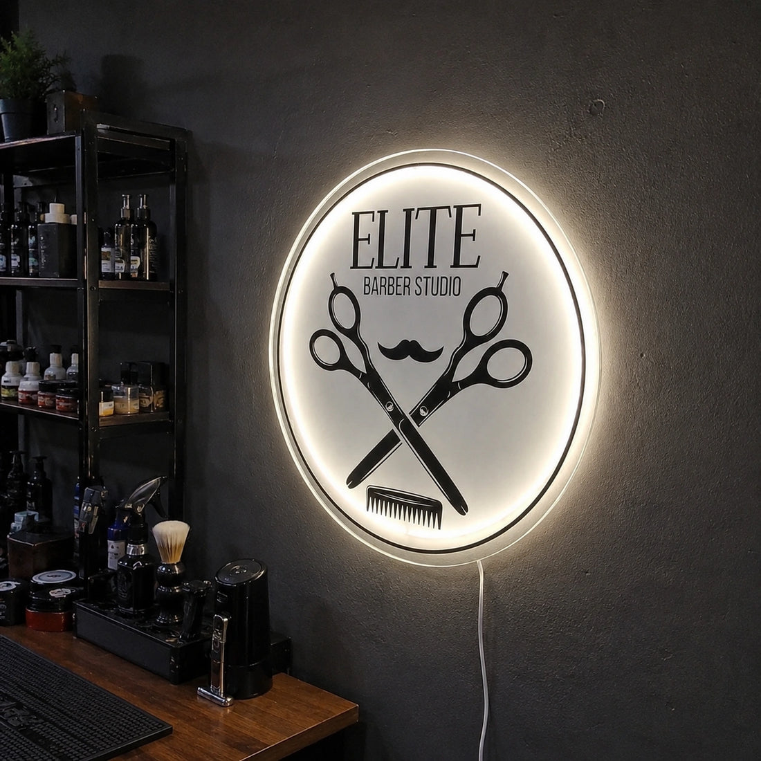 Custom Barbershop LED Halo Sign | Premium Round Acrylic Barber Logo Wall Sign