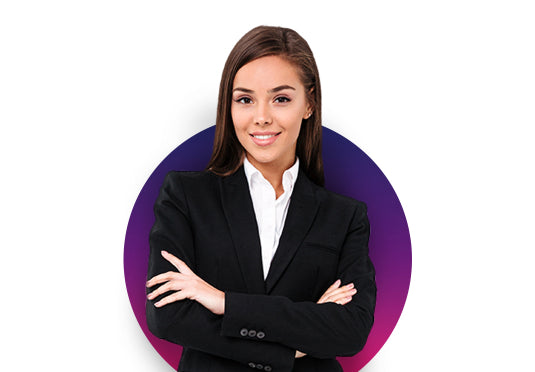 Woman in a black blazer and white shirt standing against a purple circle on a white background