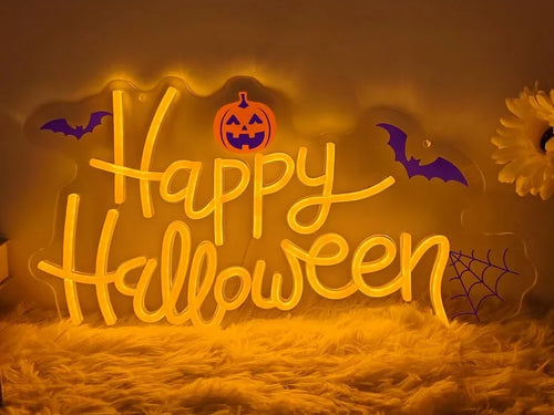 A glowing LED Halloween neon sign featuring a Happy Halloween message, a jack-o'-lantern, purple bats and a spiderweb on a dark background.